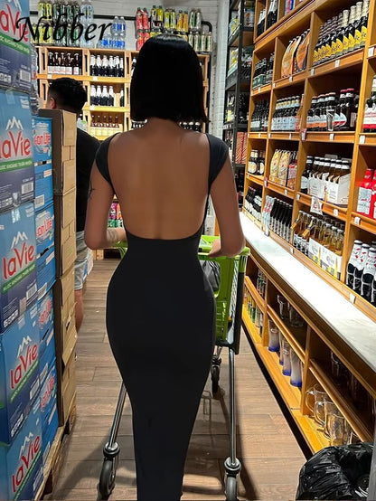 Solid Sexy Backless Maxi Dress Women Elegant Elastic Slim Short Sleeve Long Dresses Female Bodycon Streetwear Clothing