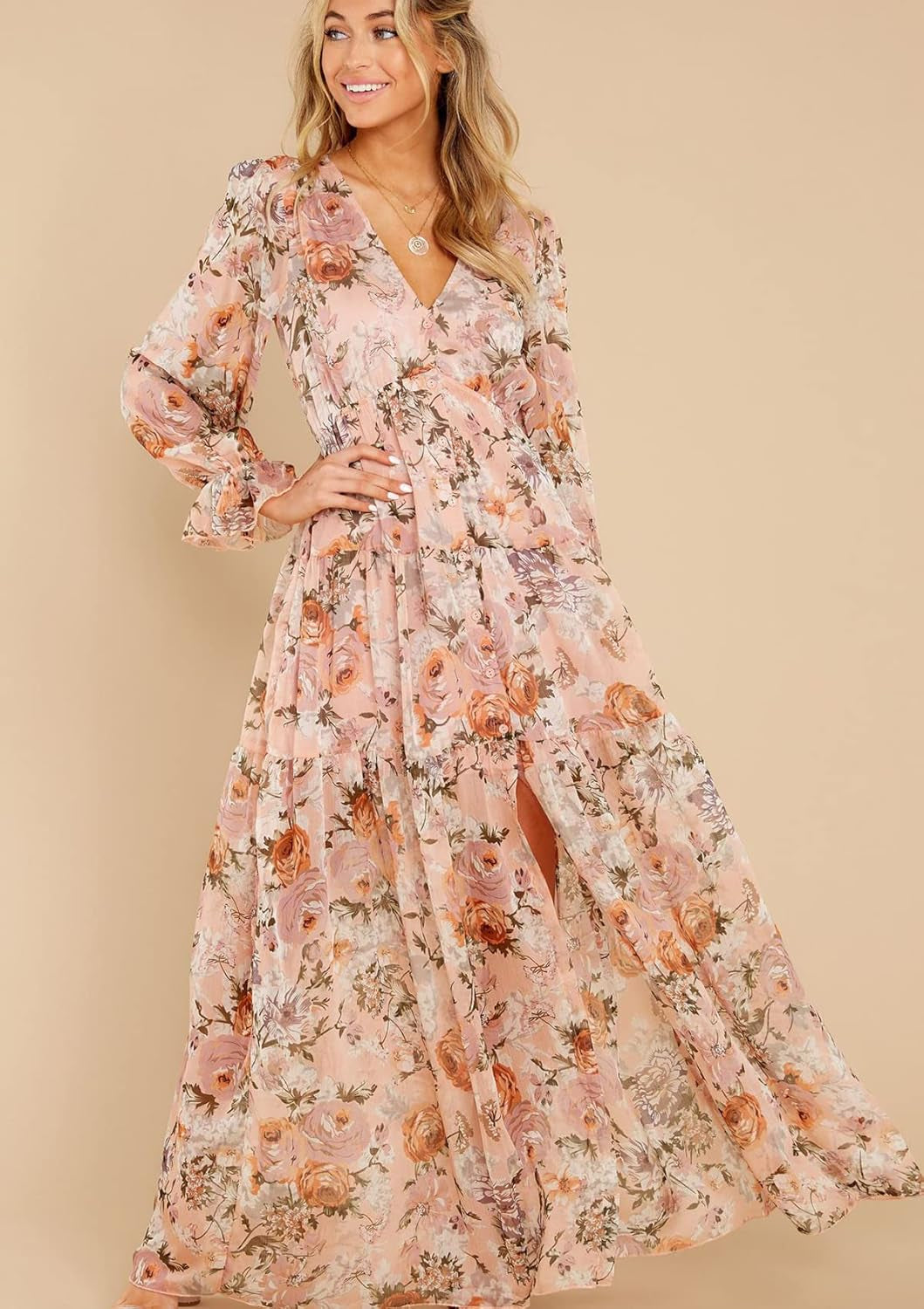 Women'S Long Sleeve V-Neck Floral Maxi Dress Casual Long Dresses Beach Dresses (Medium, Pink)