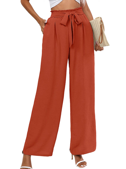 Women'S Wide Leg Lounge Pants with Pockets Lightweight High Waisted Adjustable Tie Knot Loose Trousers, US Size Medium in Burnt Orange