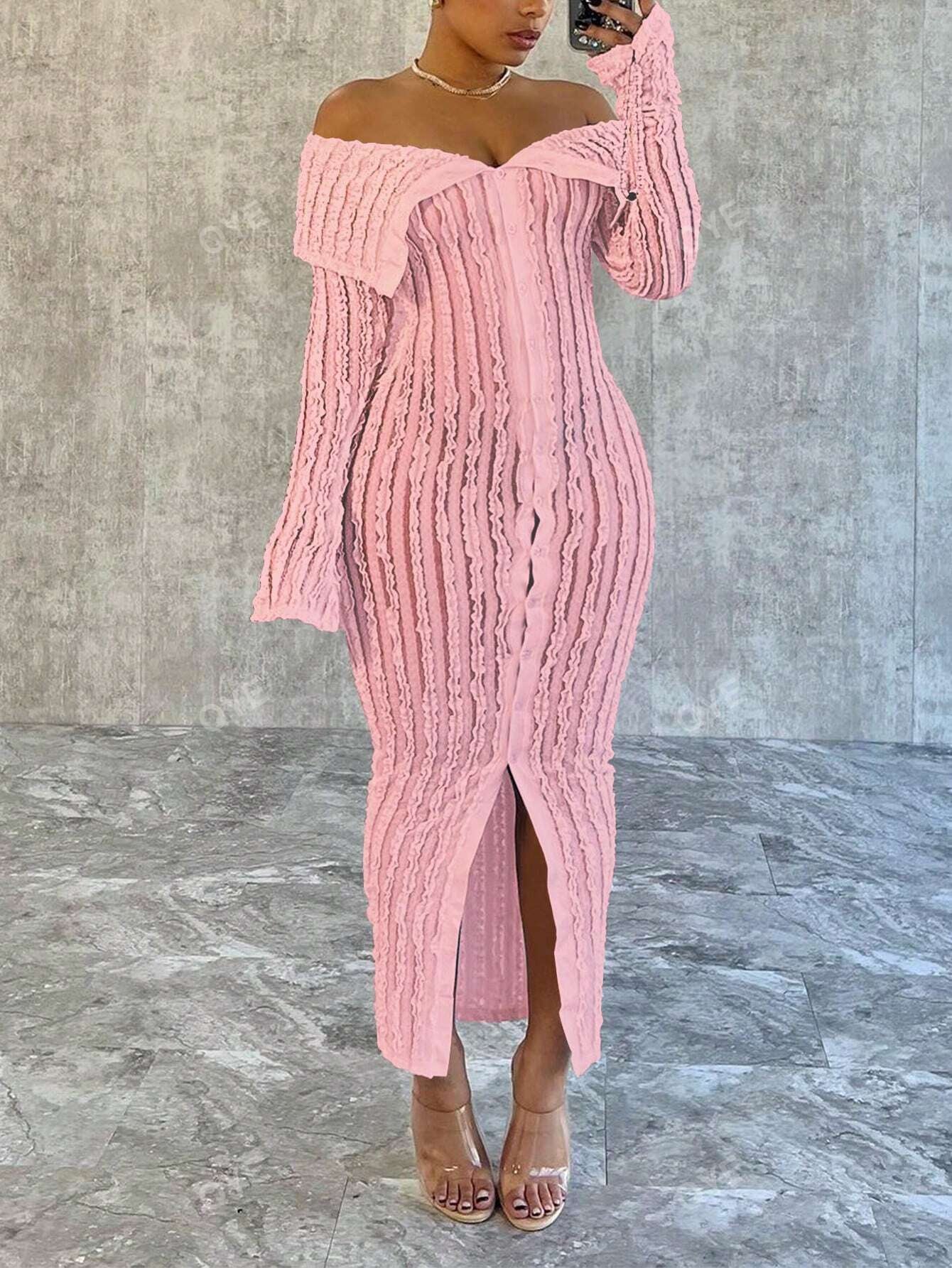 Women'S Off-Shoulder Long Sleeve Knitted Dress