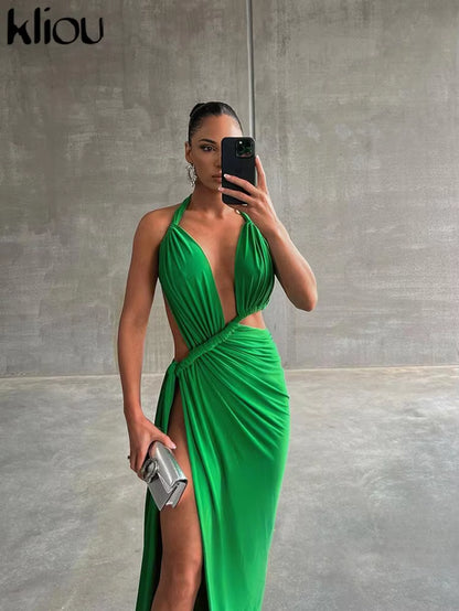 Shirring Halter Maxi Dress for Women New Sexy Backless Cleavage High Side Split Skinny Robe Solid Female Evening Partywear