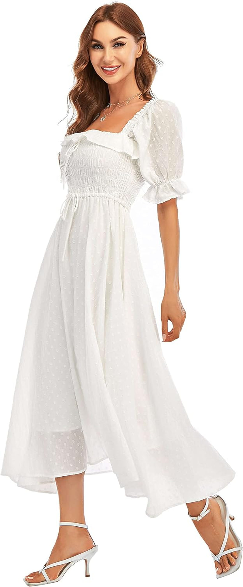 Women Vintage Elastic Square Neck Ruffled Half Sleeve Summer Backless Beach Flowy Maxi Dresses