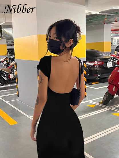 Solid Sexy Backless Maxi Dress Women Elegant Elastic Slim Short Sleeve Long Dresses Female Bodycon Streetwear Clothing