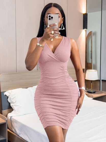 SHEIN Clasi Rhinestone Ruched Bodycon Dress