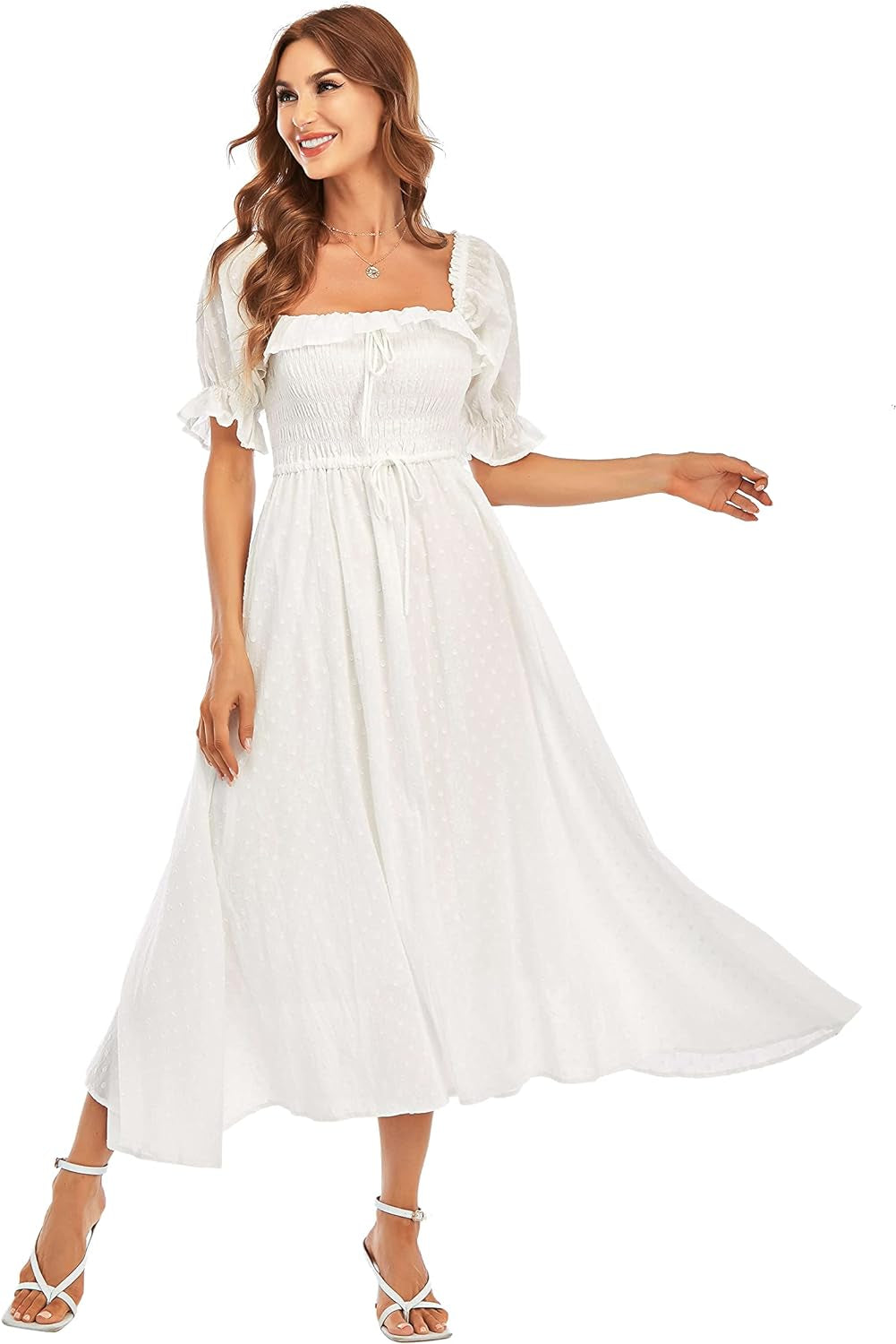 Women Vintage Elastic Square Neck Ruffled Half Sleeve Summer Backless Beach Flowy Maxi Dresses