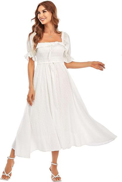 Women Vintage Elastic Square Neck Ruffled Half Sleeve Summer Backless Beach Flowy Maxi Dresses