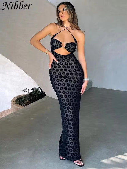 Solid Color Hanging Neck Maxi Dress Sexy Hollow Women Perspective Bag Hips Robe Female Street Trendy Dresses Clothing