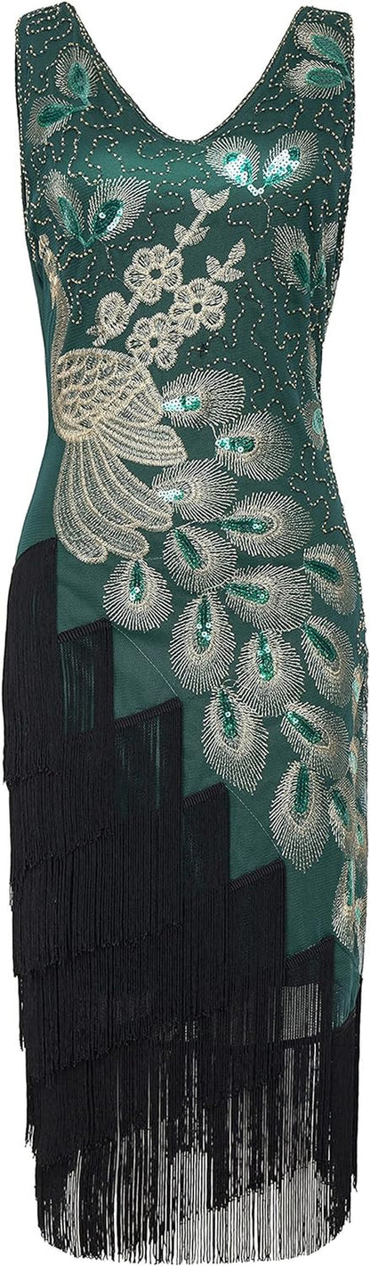 1920S Vintage Peacock Sequined Dress Gatsby Fringed Flapper Dress Roaring 20S Party Dress